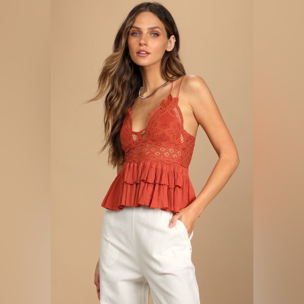 Free People Adella Cami Rust Orange Lace Ruffled Tank Top